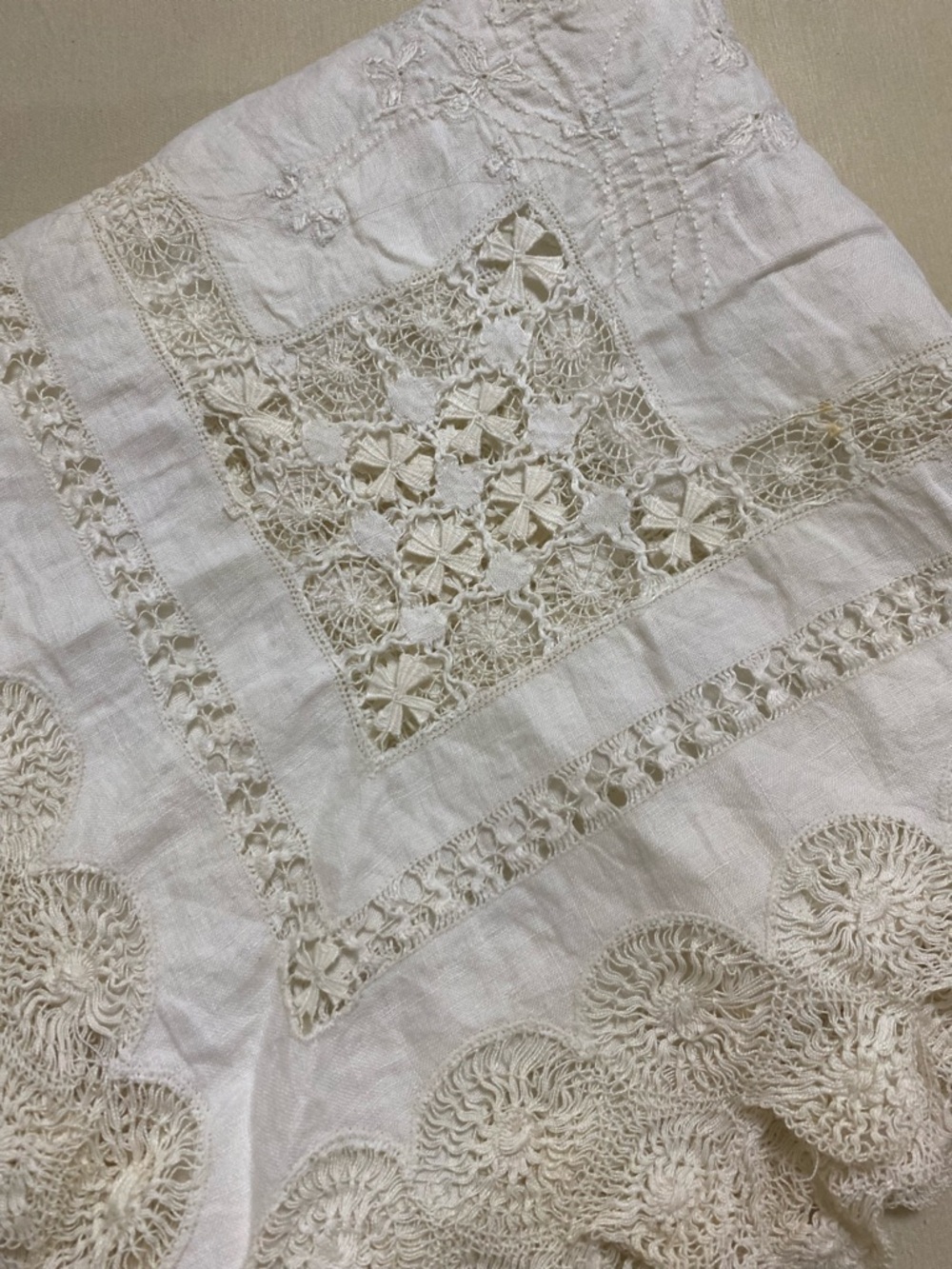 Handmade Cream antique Irish linen and lace tablecloth.